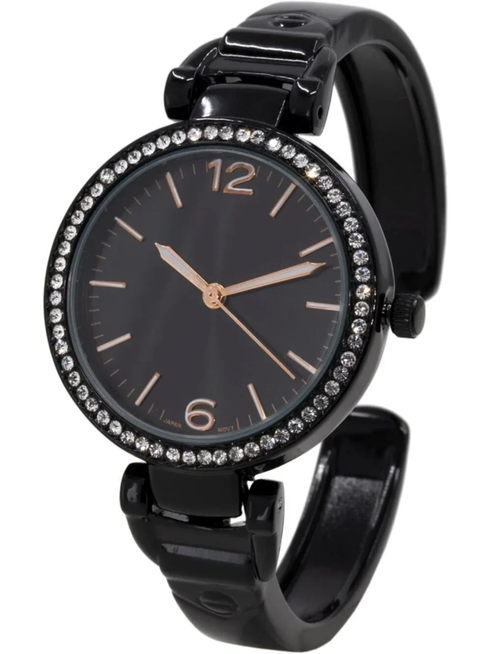 Women's Black Analog Quartz Metal hinged Pearl Cuff Rhinestones Bracelet Watch